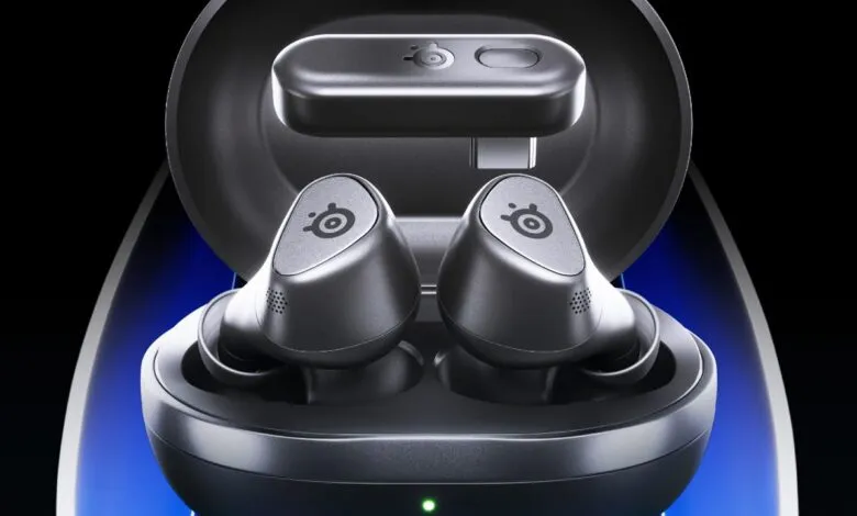 SteelSeries Arctis Nova Buds in charging case with USB-C dongle.