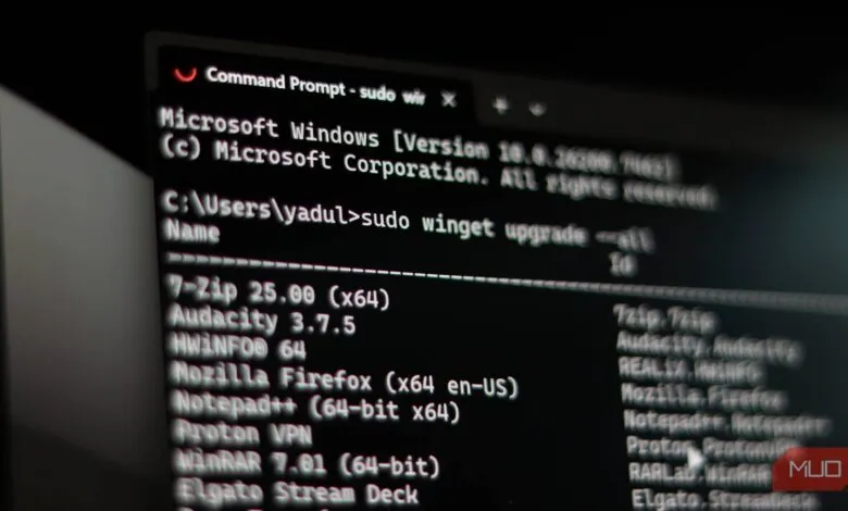Windows Terminal showing sudo winget upgrade command and list of applications.