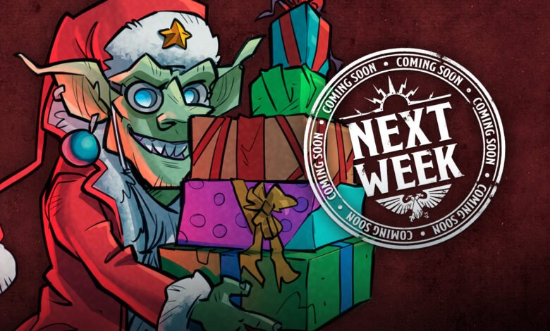 Cartoon goblin in Santa hat holds stack of colorful gifts.