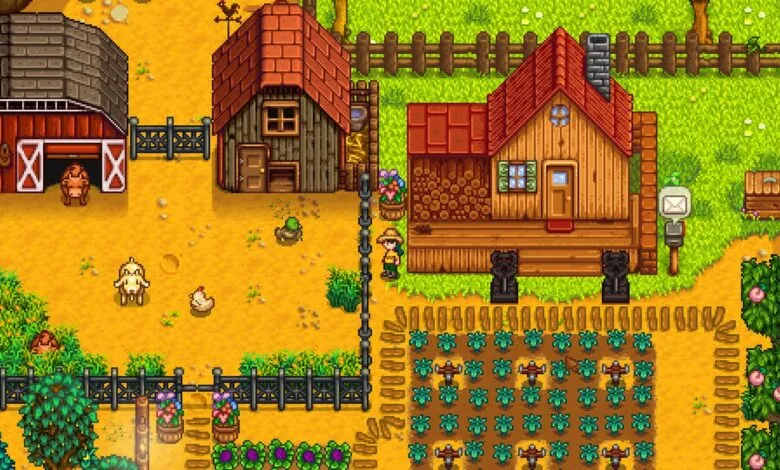Overhead view of a Stardew Valley farm with buildings, crops, and animals.