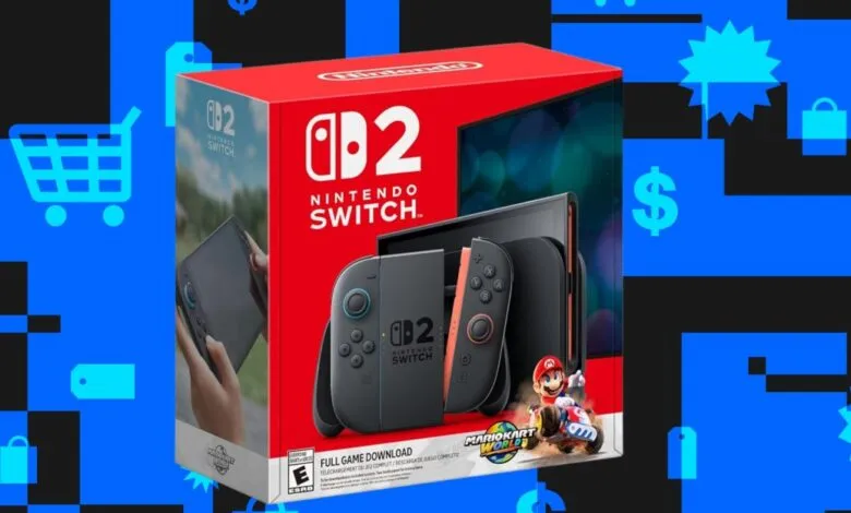 Nintendo Switch 2 box with console and Mario Kart World game.