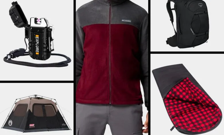 Outdoor gear collage: lighter, fleece jacket, backpack, sleeping bag, tent.