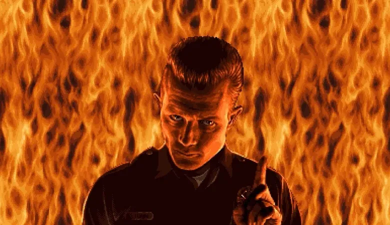 Robert Patrick as T-1000 in Terminator 2, surrounded by flames.