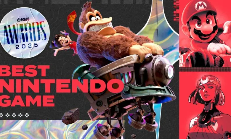 IGN Awards 2025 graphic for Best Nintendo Game featuring Donkey Kong and Mario.