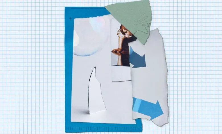 Abstract collage with paper cutouts and blue grid background.