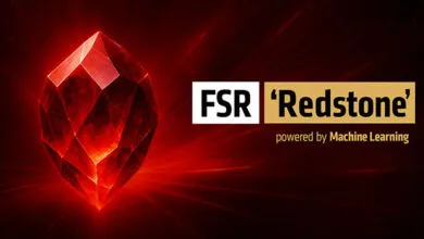 A red gemstone graphic with the text 'FSR Redstone powered by Machine Learning'.