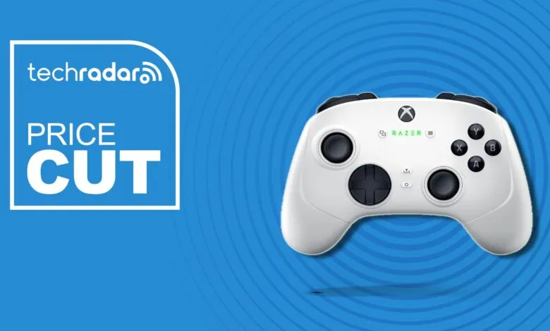 White Razer Xbox controller on blue background with 'Price Cut' graphic.