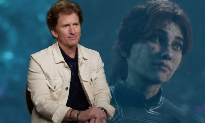 Todd Howard sits in front of Starfield character art.