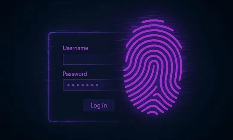 Login screen with username, password, and fingerprint scan.