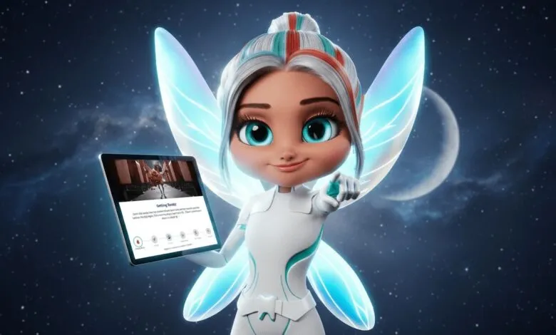 Cartoon tooth fairy with glowing wings holds a tablet, pointing at the viewer.