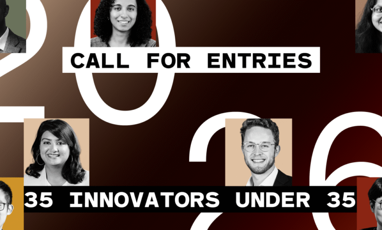 Call for entries: 35 Innovators Under 35, featuring diverse portraits.