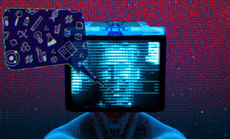 Abstract image of a person with a computer monitor head and science icons in a speech bubble.