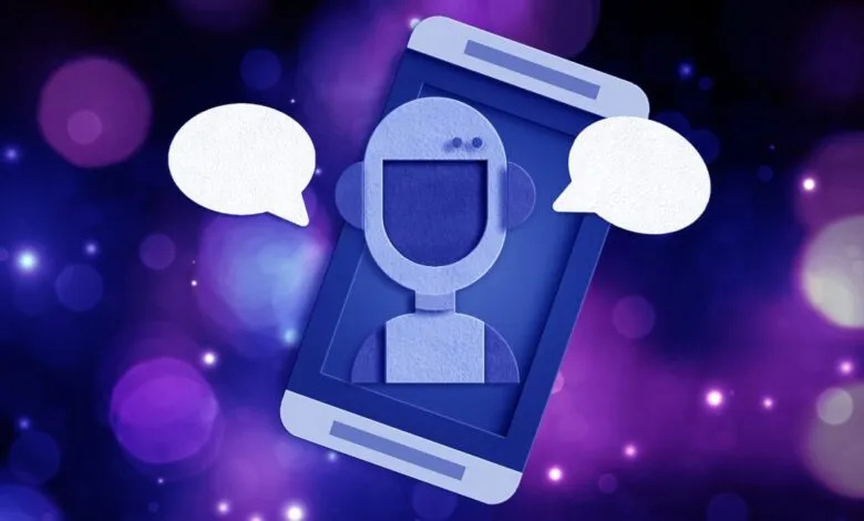 Stylized robot on smartphone screen with speech bubbles, against bokeh background.