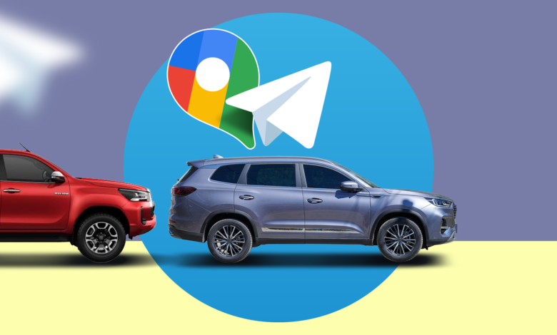 Red pickup and gray SUV under Google Maps and Telegram logos.