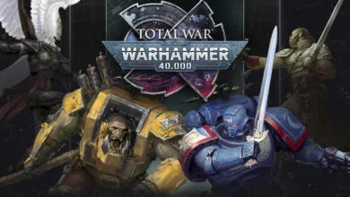 Total War Warhammer 40,000 artwork featuring diverse factions in battle.