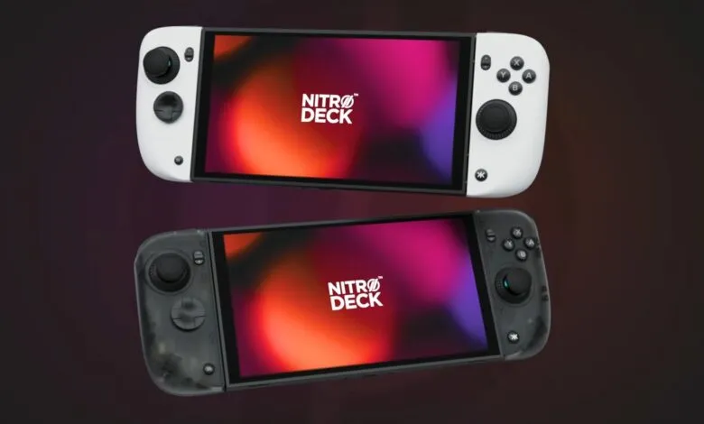 Two Nitro Deck handheld gaming consoles, one white and one black, floating in space.