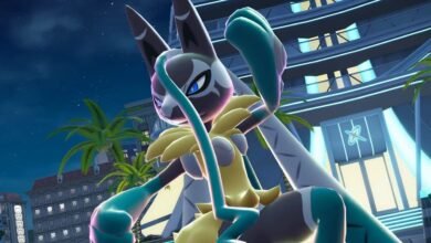 Mega Lucario stands tall in a futuristic city at night.