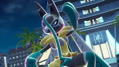 Mega Lucario stands tall in a futuristic city at night.