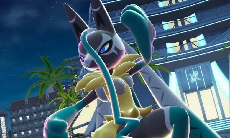Mega Lucario stands tall in a futuristic city at night.