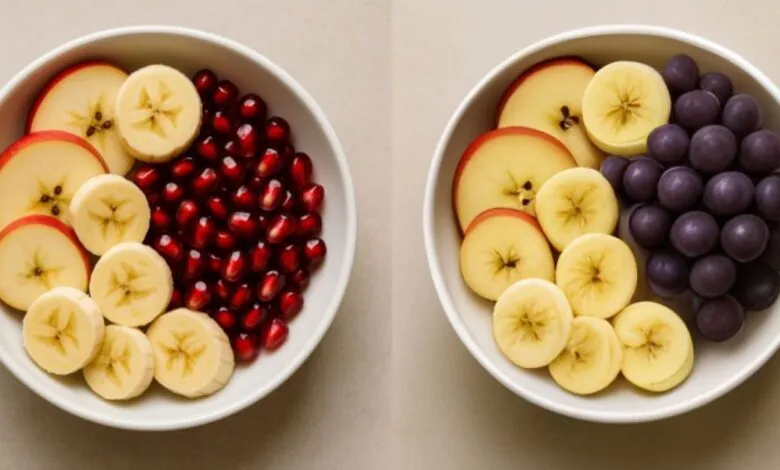 Two bowls of fruit: one with pomegranate, the other with grapes.
