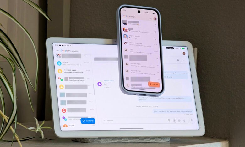 Google Messages app displayed on a phone and tablet, showing various conversations.