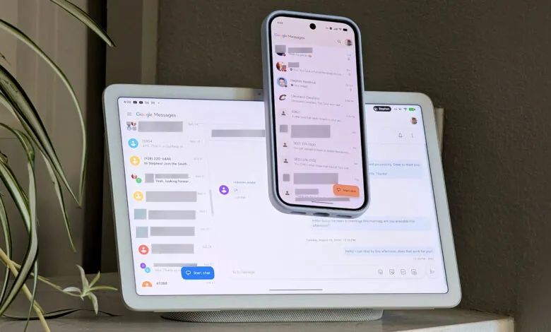 Google Messages app displayed on a phone and tablet, showing various conversations.