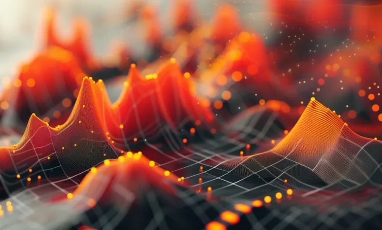 Abstract 3D landscape with orange peaks and grid lines.