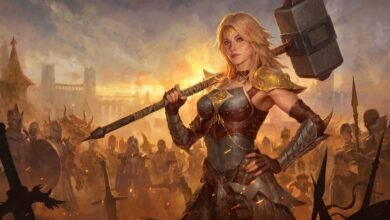 Female warrior with hammer stands before her army in a fantasy setting.