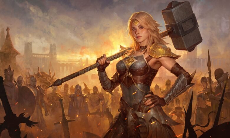 Female warrior with hammer stands before her army in a fantasy setting.