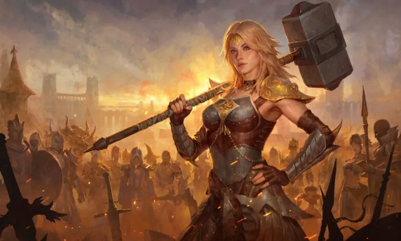 Female warrior with hammer stands before her army in a fantasy setting.