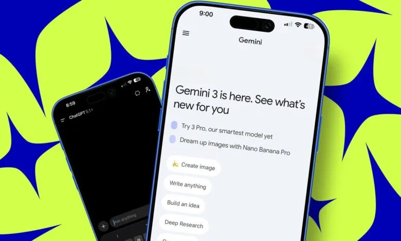 Two smartphones displaying AI interfaces: ChatGPT 5.1 and Gemini 3.