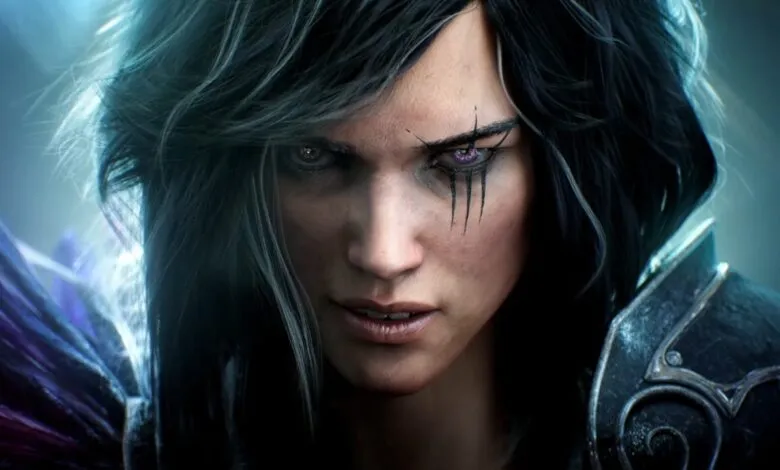 Close-up of a character with dark hair and striking purple eye.