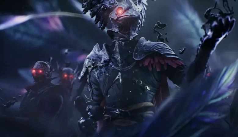 Dark fantasy figures with glowing red eyes in armor.