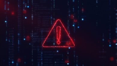 Red warning sign with exclamation point against a digital background.