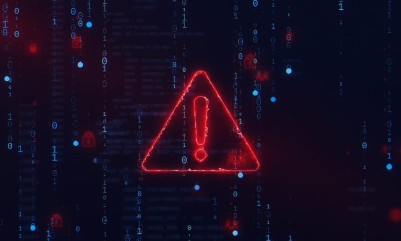 Red warning sign with exclamation point against a digital background.