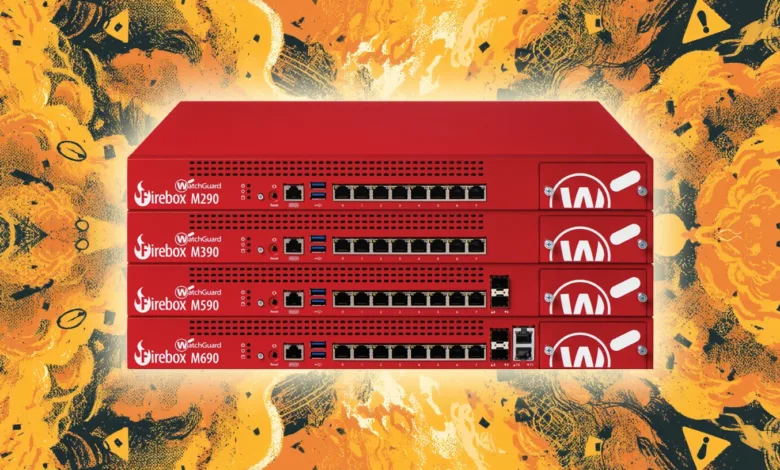 WatchGuard Firebox M290, M390, M590, and M690 network security appliances stacked.