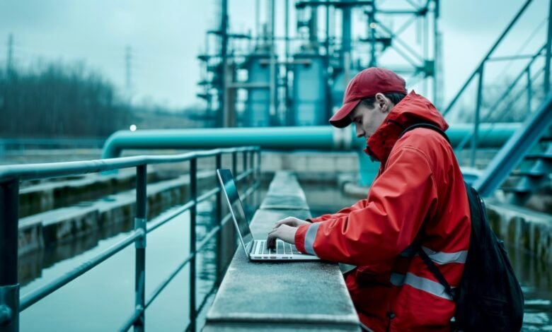 Person in red jacket using laptop at industrial water treatment plant.