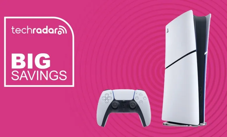 PlayStation 5 console and controller on a pink background with 'Big Savings' text.