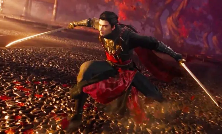 Character with swords in action pose, fantasy setting.