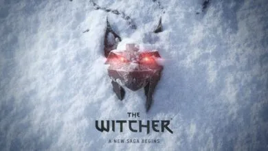 The Witcher logo in snow with glowing red eyes and chain.