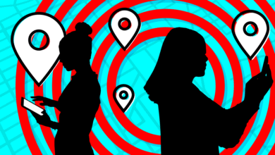 Silhouetted women use phones with location icons on a map background.