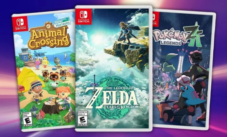 Three Nintendo Switch game cases: Animal Crossing, Zelda Tears of the Kingdom, and Pokemon Legends ZA.