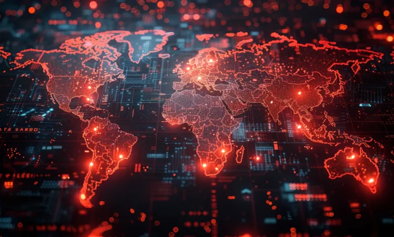 World map outlined in red lights on a dark, circuit board-like background.