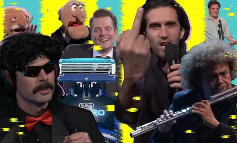 Collage featuring Dr. Disrespect, Kenny G, and other figures on a bright background.
