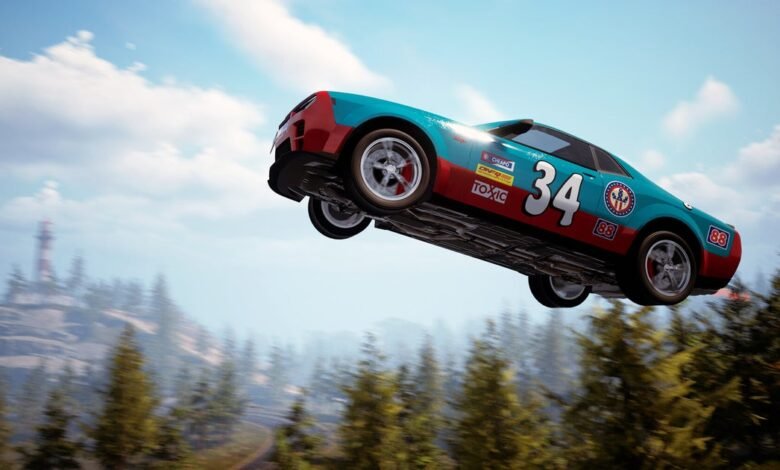 Teal and red race car mid-air jump with number 34 on its side.