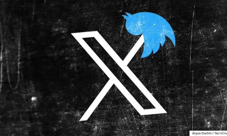 White 'X' logo impaling the blue Twitter bird on a textured black background.