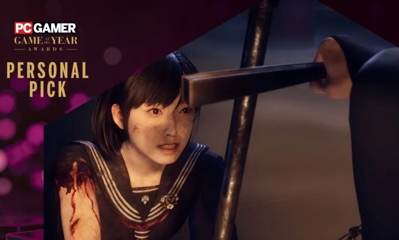 Distressed girl in sailor uniform faces hammer in horror game scene.