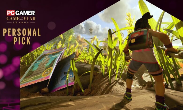 Character with backpack in tall grass, PC Gamer Game of the Year award.
