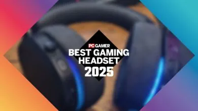 PC Gamer's Best Gaming Headset 2025, headset blurred in background.