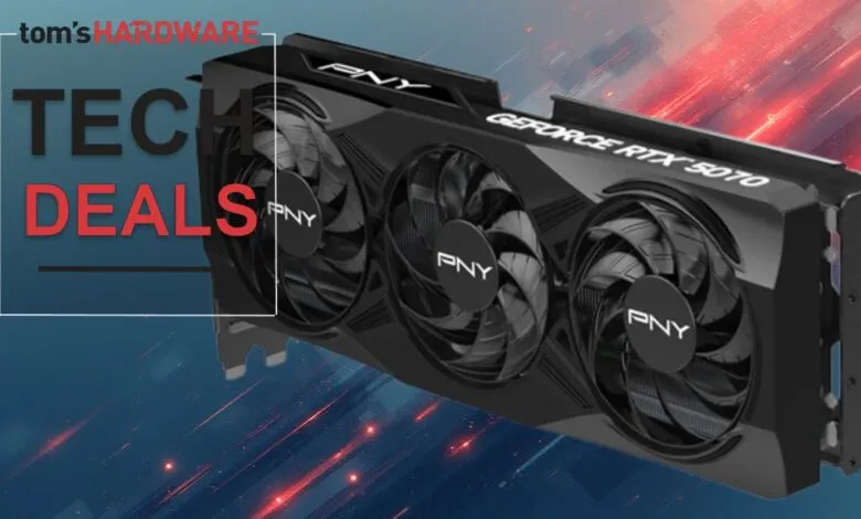 PNY GeForce RTX 5070 graphics card for tech deals, three fans.